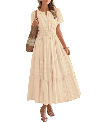 Women's Lightweight Short Sleeve V Neck Elastic Waist Dresses