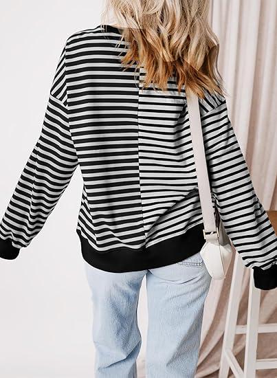 Hot Sale Womens Oversized Sweatshirts Striped Color Block Crewneck Sweatshirt
