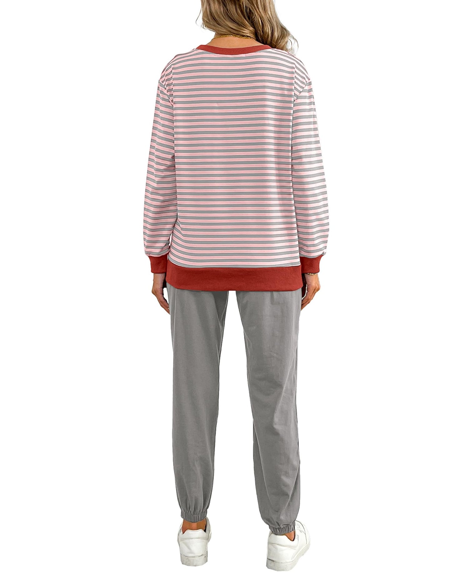 ✨Women's Cozy Striped Color Block Long Sleeve Tops Jogger Sweatpants 2 Piece Outfits