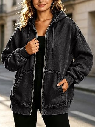 Oversized Zip Up Hooded Denim Jacket