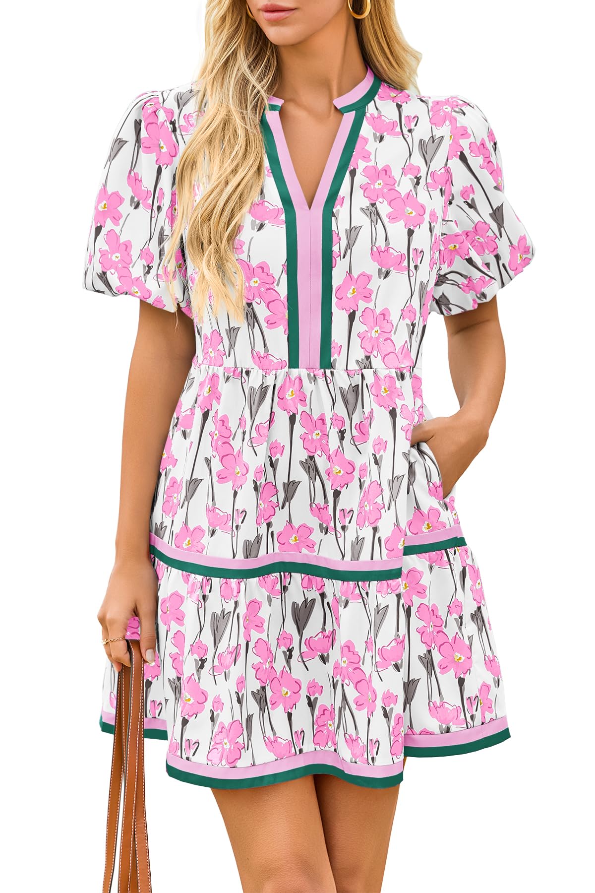 Womens V Neck Floral Mini Dress Short Puff Sleeve Patchwork