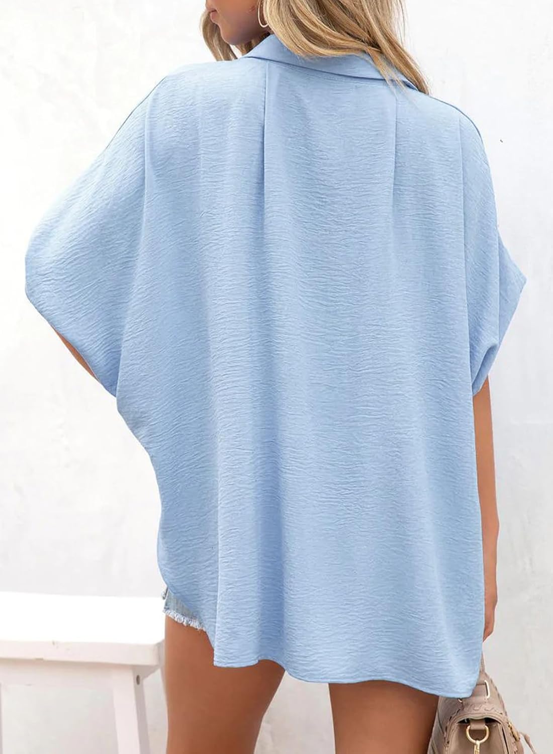 ⏰Hot Sale-Women's Casual Button Short Sleeve Slit Hem Shirt Solid Color Tops