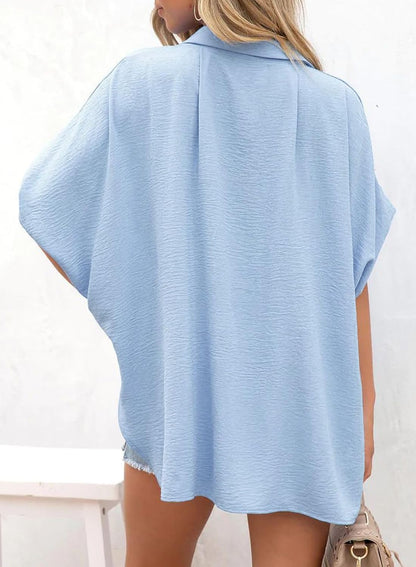 ⏰Hot Sale-Women's Casual Button Short Sleeve Slit Hem Shirt Solid Color Tops