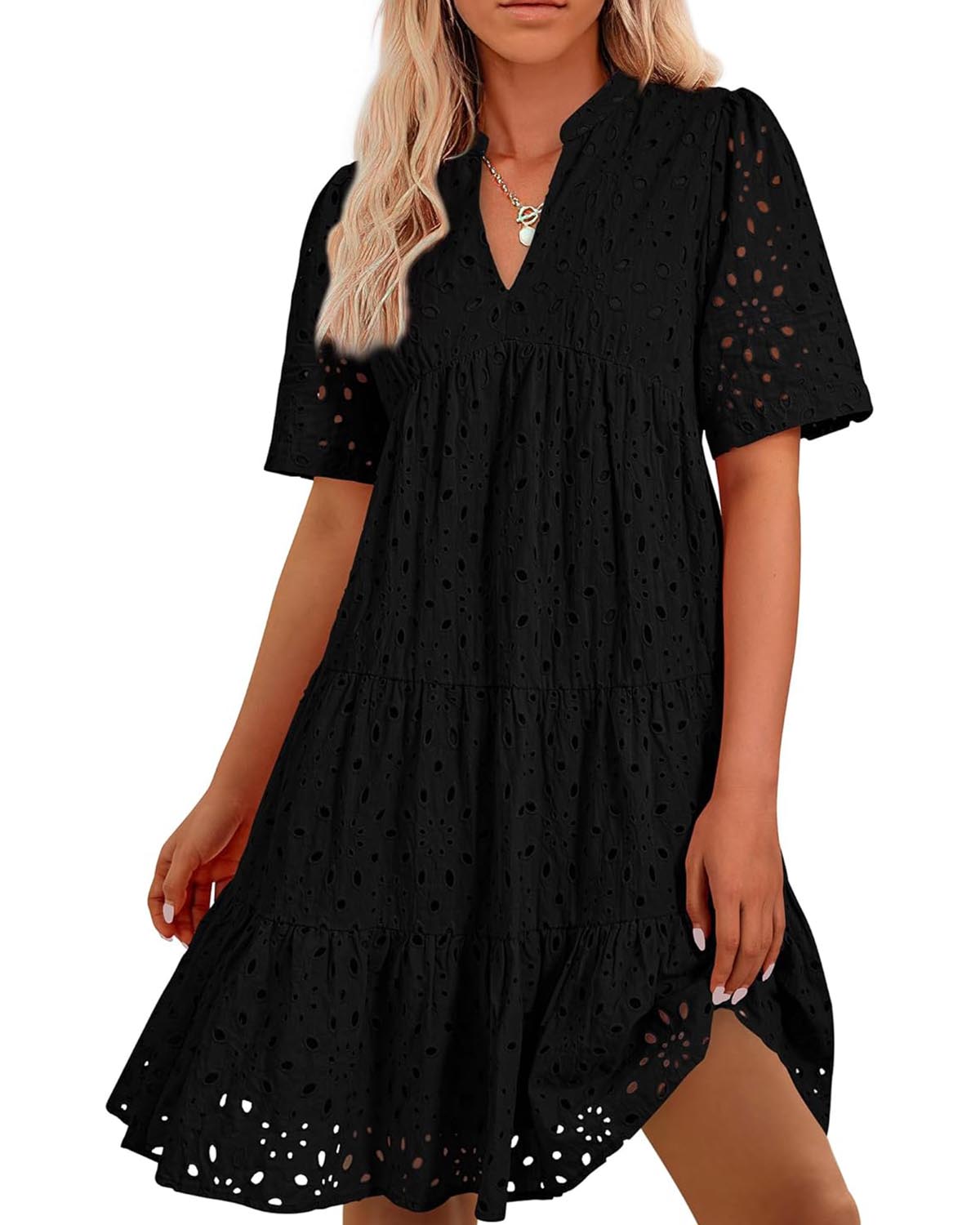 ⏰Hot Sale-Women's Elegant Hollow Out Lace Ruffle Casual Mini Dress