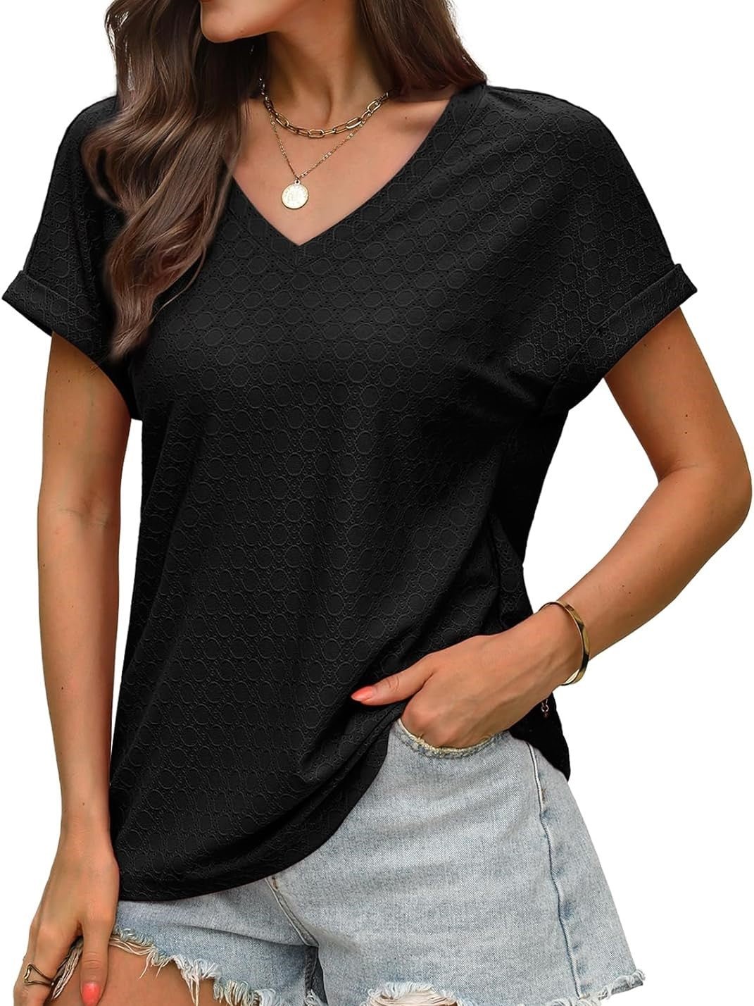 ✨Women's V Neck Eyelet Dressy Casual Basic Short Sleeve Tees