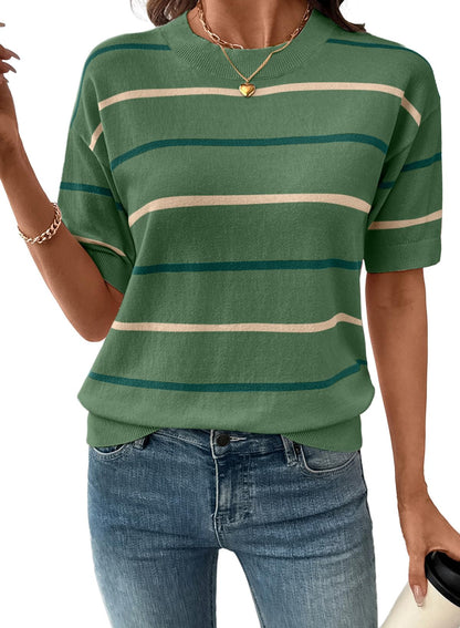 ⏰Hot Sale-Womens Tops Crewneck Short Sleeve Sweater Pullover Knit Striped Shirt Spring Outfits