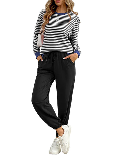 ✨Women's Cozy Striped Color Block Long Sleeve Tops Jogger Sweatpants 2 Piece Outfits