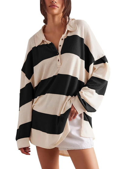 Women's Oversized Long Sleeve Button Striped Pullover