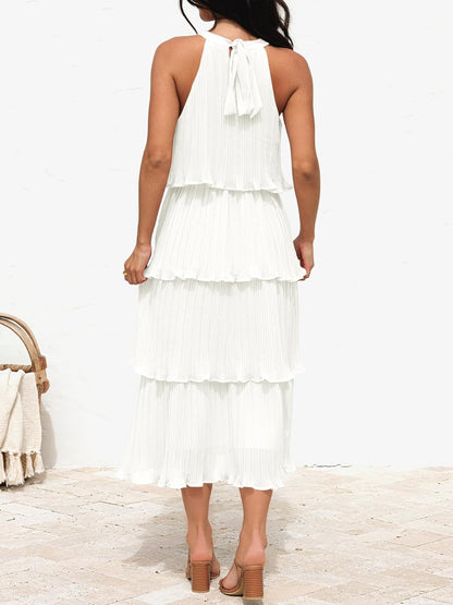 ⏰Hot Sale-Women's Summer Halter Neck Ruffle Tiered Layered Chiffon Flowy Swing Midi Dress
