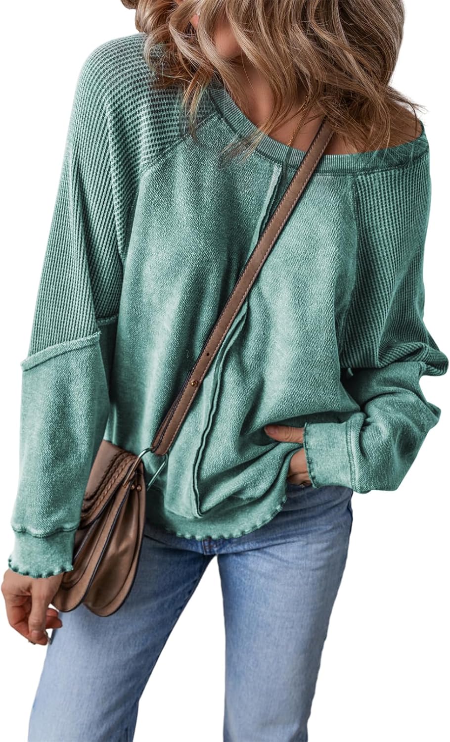 ✨Womens Crewneck Long Sleeve Waffle Knit Sweatshirt