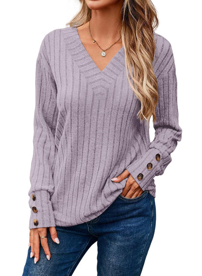 ✨Womens Soft Long Sleeve V Neck Shirts Solid Casual Decorative Buttons Knitted  Tops