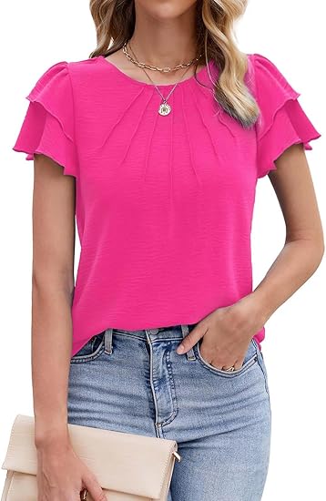 ✨Women’s Casual Blouses Ruffle Short Sleeve T Shirts Pleated Crew Neck Tops
