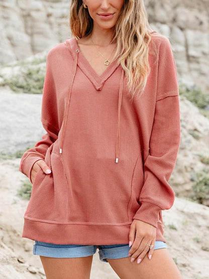 Women Casual V Neck Drawstring Waffle Knit Hoodies Oversized Sweatshirts