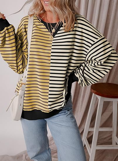 Hot Sale Womens Oversized Sweatshirts Striped Color Block Crewneck Sweatshirt