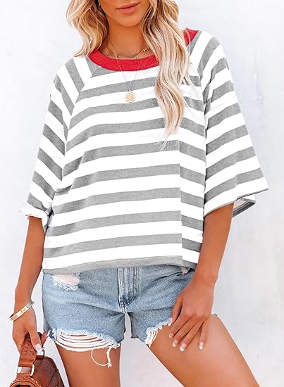 ✨Women's Cute Round Neck Striped Short Sleeve Casual Topb