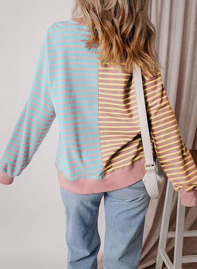 Hot Sale Womens Oversized Sweatshirts Striped Color Block Crewneck Sweatshirt