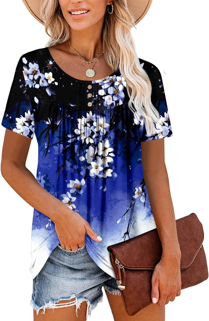 ⏰Hot Sale-Women's Summer Printed Pleated Crew Neck Tee