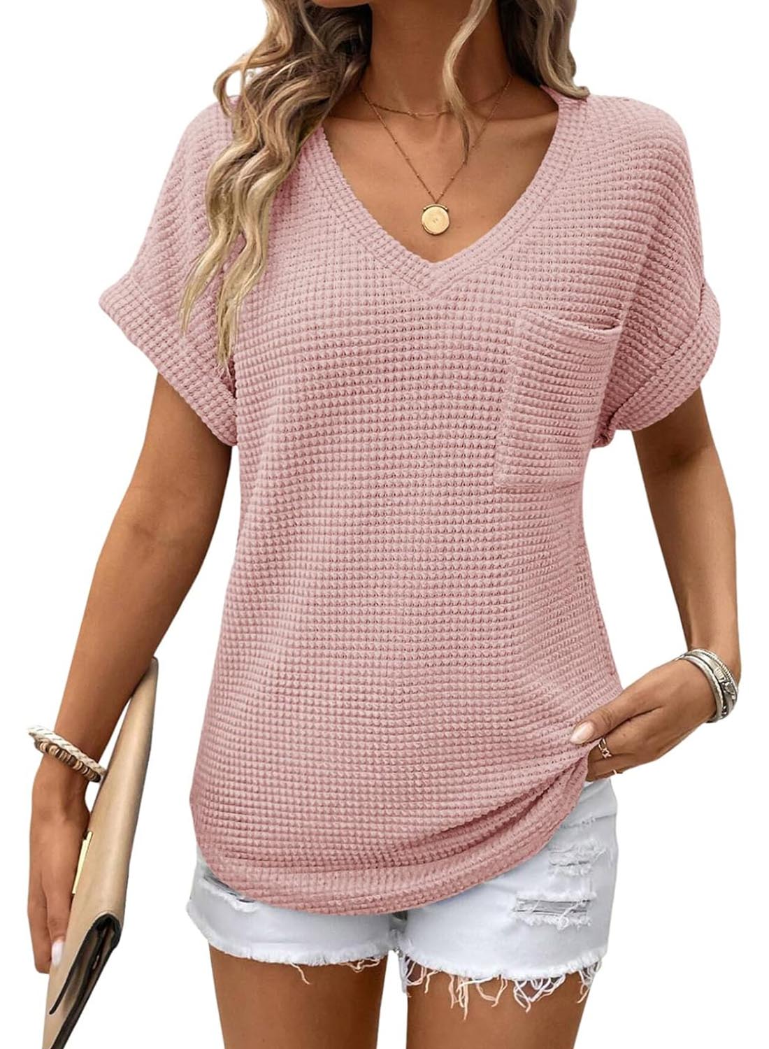 ✨Women's Oversized Waffle V Neck Short Sleeve Casual Top