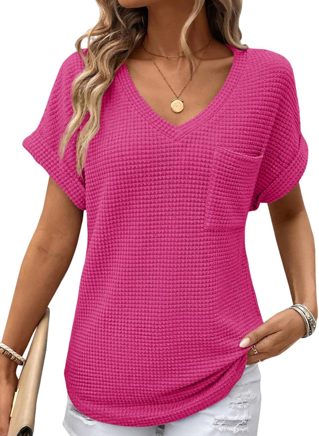 ✨Women's Oversized Waffle V Neck Short Sleeve Casual Top