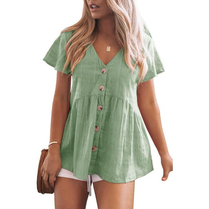 Women's Short Sleeve V Neck Blouse Button Down Shirt Loose Casual Ruffle Hem Babydoll Peplum Top