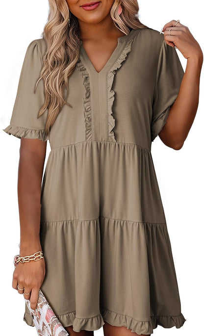 ✨Womens Dresses  V Neck Short Sleeve Casual A Line Flowy Swing Shift Dress