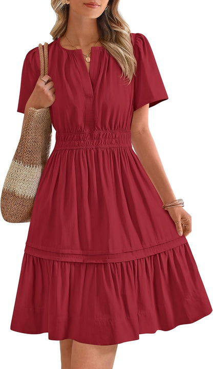 ✨Women's Casual V Neck  Sundress Smocked Waist A Line Tiered Mini Dress