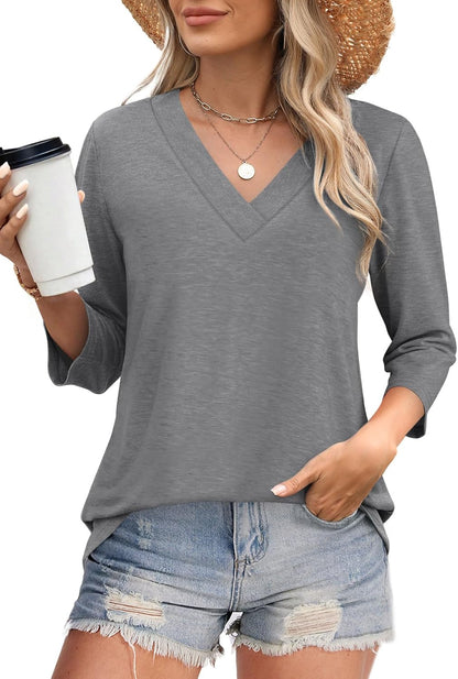 ✨Women's Trendy V Neck 3/4 Long Sleeve Tops Loose Fit Blouse