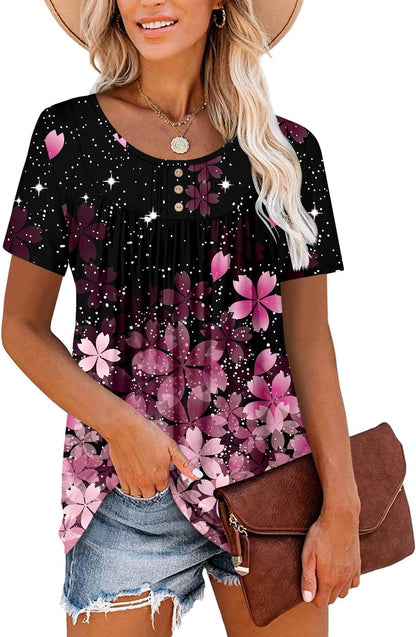 ⏰Hot Sale-Women's Summer Printed Pleated Crew Neck Tee