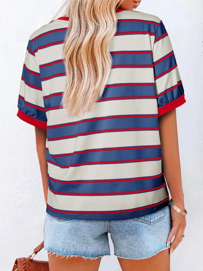 🔥HOT SALE Women's Striped Color Block Short Sleeve T-Shirts Casual Loose Basic Tee
