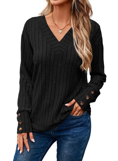 ✨Womens Soft Long Sleeve V Neck Shirts Solid Casual Decorative Buttons Knitted  Tops