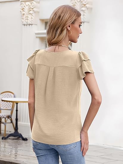 ✨Women’s Casual Blouses Ruffle Short Sleeve T Shirts Pleated Crew Neck Tops