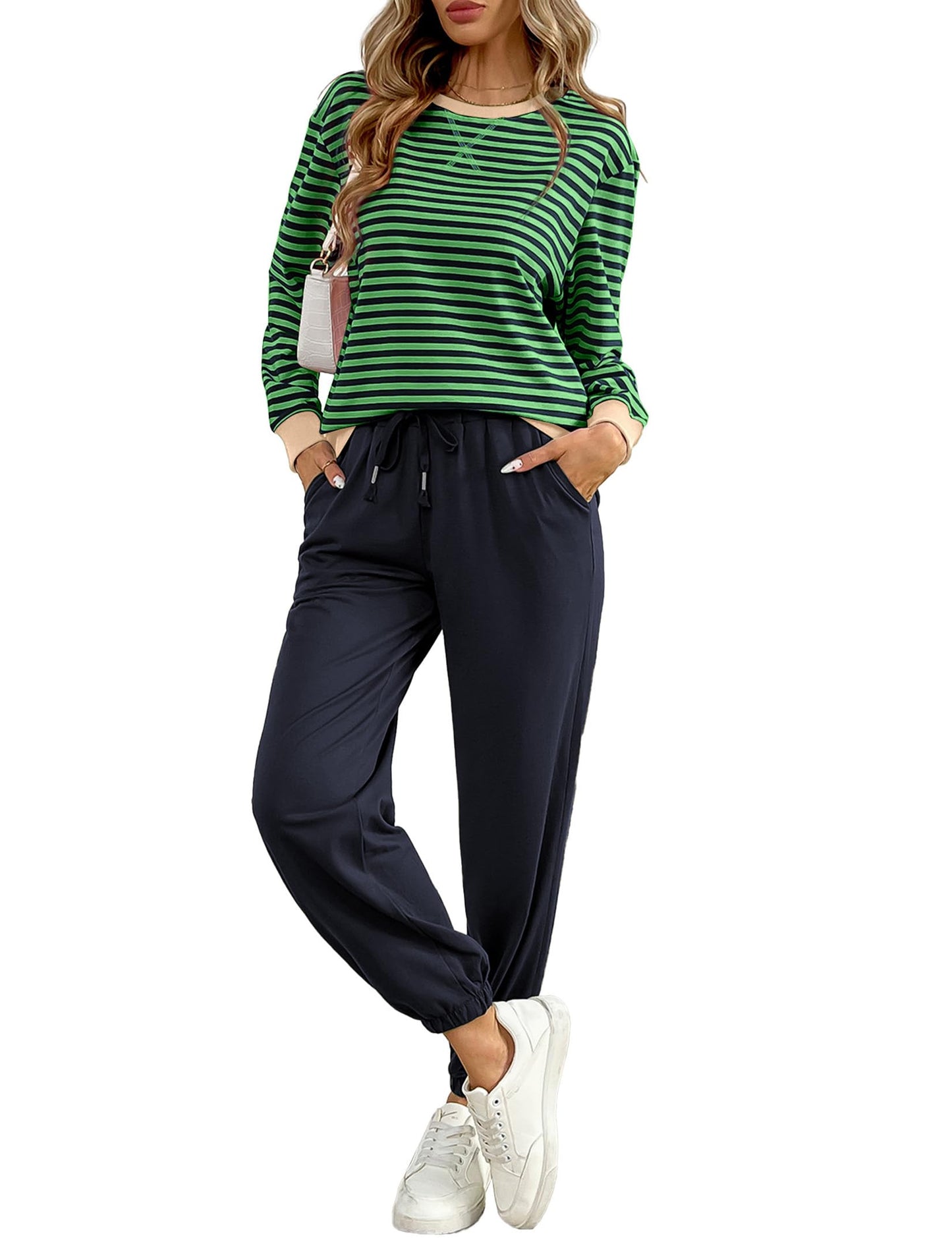 ✨Women's Cozy Striped Color Block Long Sleeve Tops Jogger Sweatpants 2 Piece Outfits