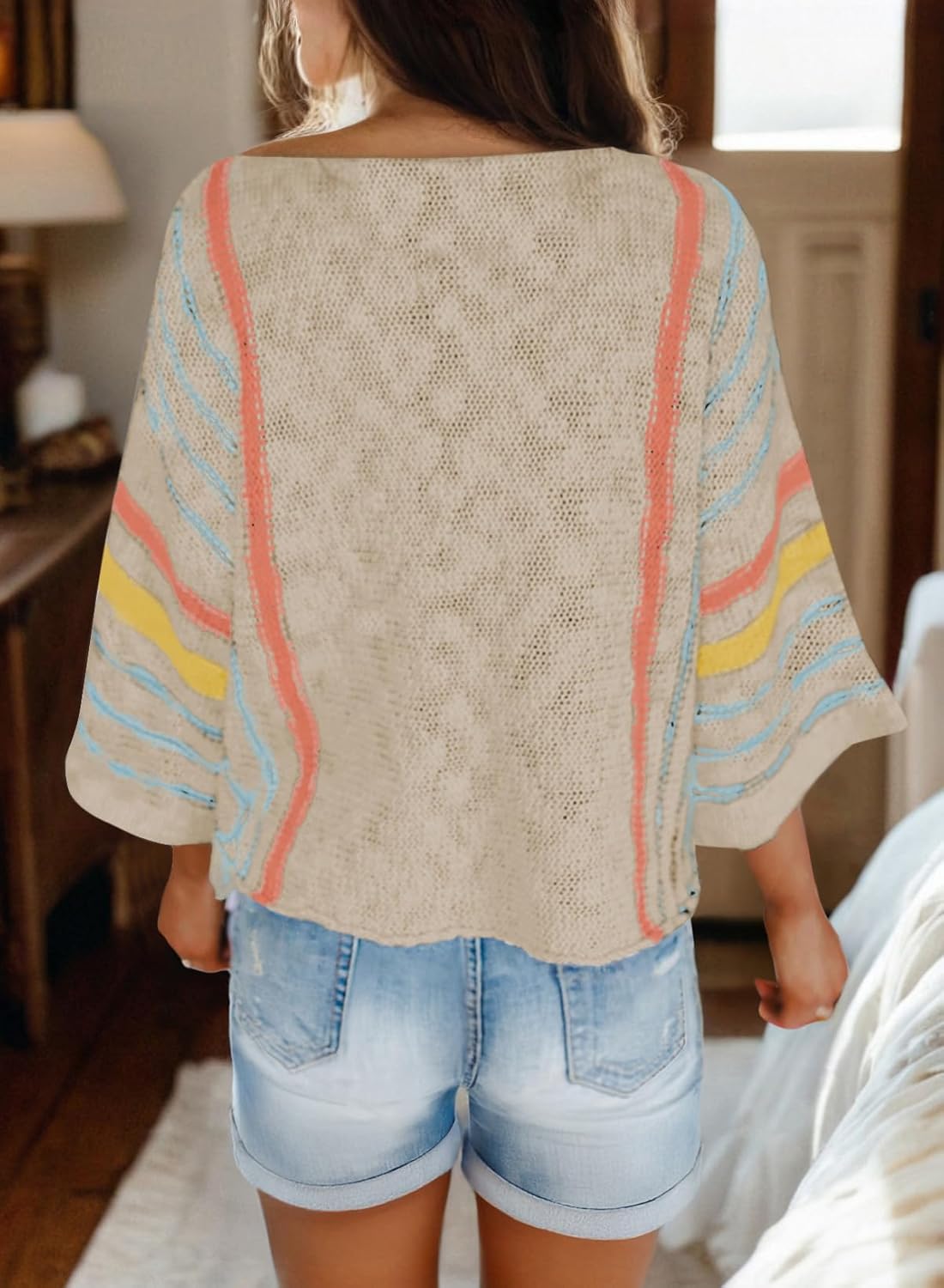 ✨Hot Sale-Women's Casual Color Block Striped Cable Knit Boho Sweater