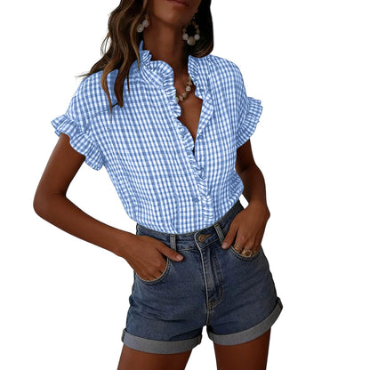 Women's Ruffled V Neck Gingham Short Sleeve Button Down Blouse