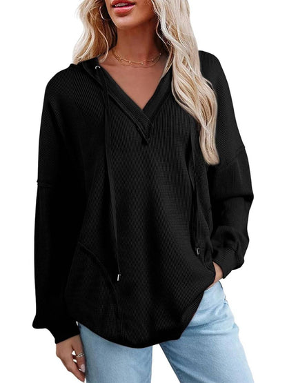 Women Casual V Neck Drawstring Waffle Knit Hoodies Oversized Sweatshirts