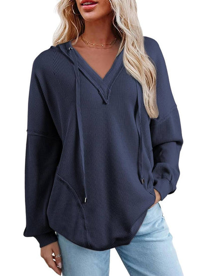 Women Casual V Neck Drawstring Waffle Knit Hoodies Oversized Sweatshirts