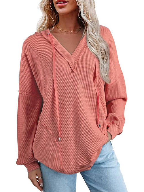 Women Casual V Neck Drawstring Waffle Knit Hoodies Oversized Sweatshirts