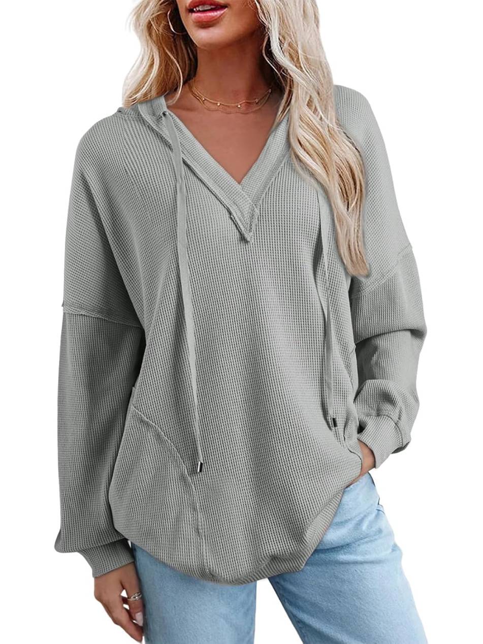 Women Casual V Neck Drawstring Waffle Knit Hoodies Oversized Sweatshirts