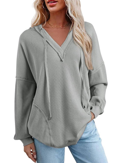 Women Casual V Neck Drawstring Waffle Knit Hoodies Oversized Sweatshirts