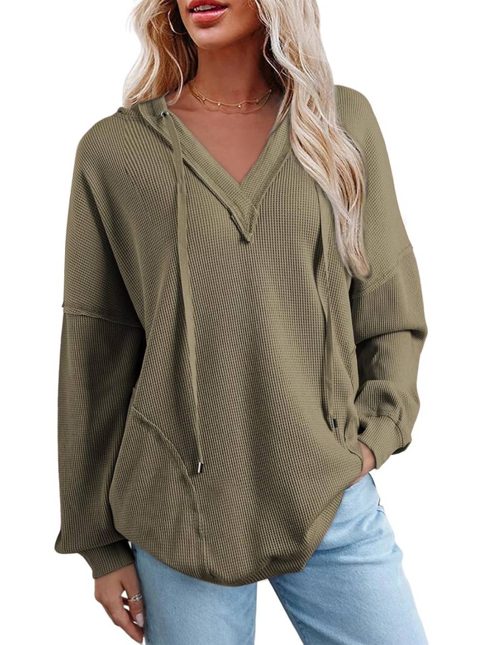 Women Casual V Neck Drawstring Waffle Knit Hoodies Oversized Sweatshirts