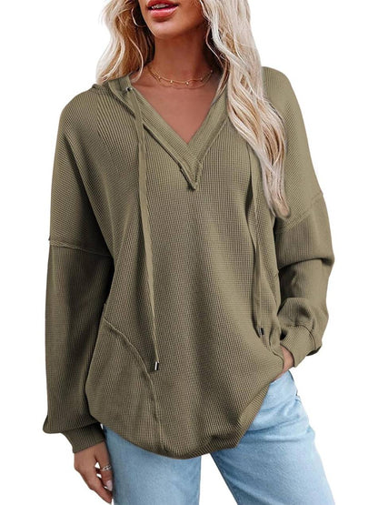 Women Casual V Neck Drawstring Waffle Knit Hoodies Oversized Sweatshirts