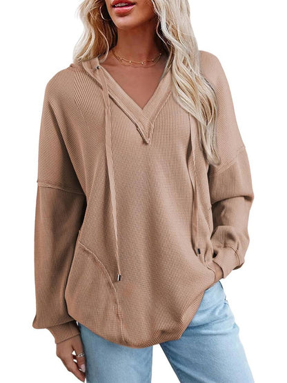 Women Casual V Neck Drawstring Waffle Knit Hoodies Oversized Sweatshirts