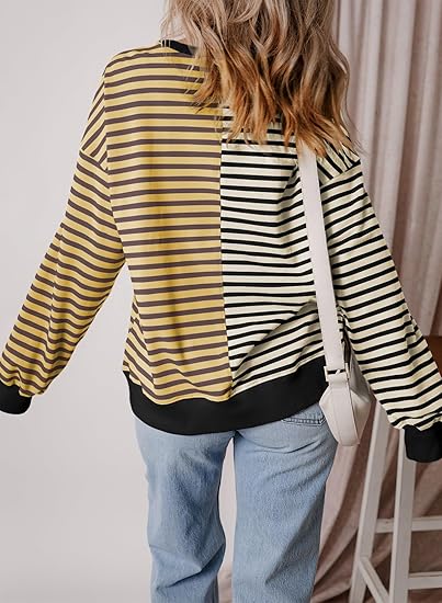 Hot Sale Womens Oversized Sweatshirts Striped Color Block Crewneck Sweatshirt