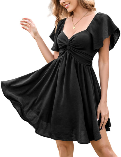 Women's Sweetheart Knot Front Dress Flutter Sleeve