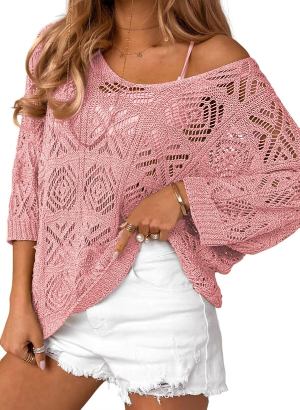 Limited time sale🔥Women's Crochet Hollow Out Pullover Off Shoulder Top
