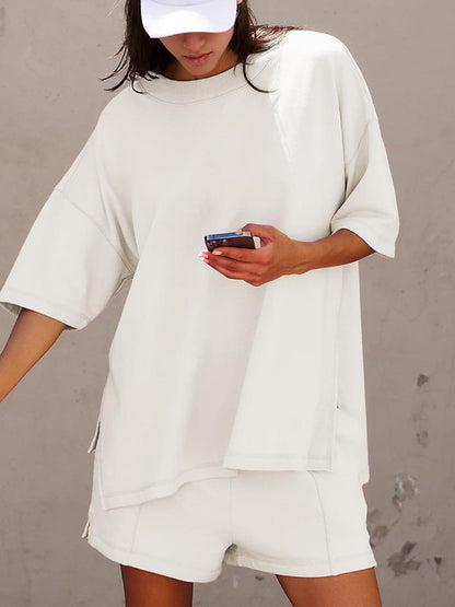 ✨2025 NEW Trendy Casual Solid Color Suit with Slit Top and Shorts