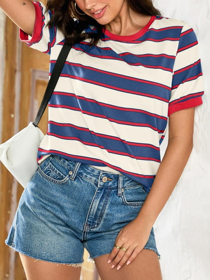 🔥HOT SALE Women's Striped Color Block Short Sleeve T-Shirts Casual Loose Basic Tee