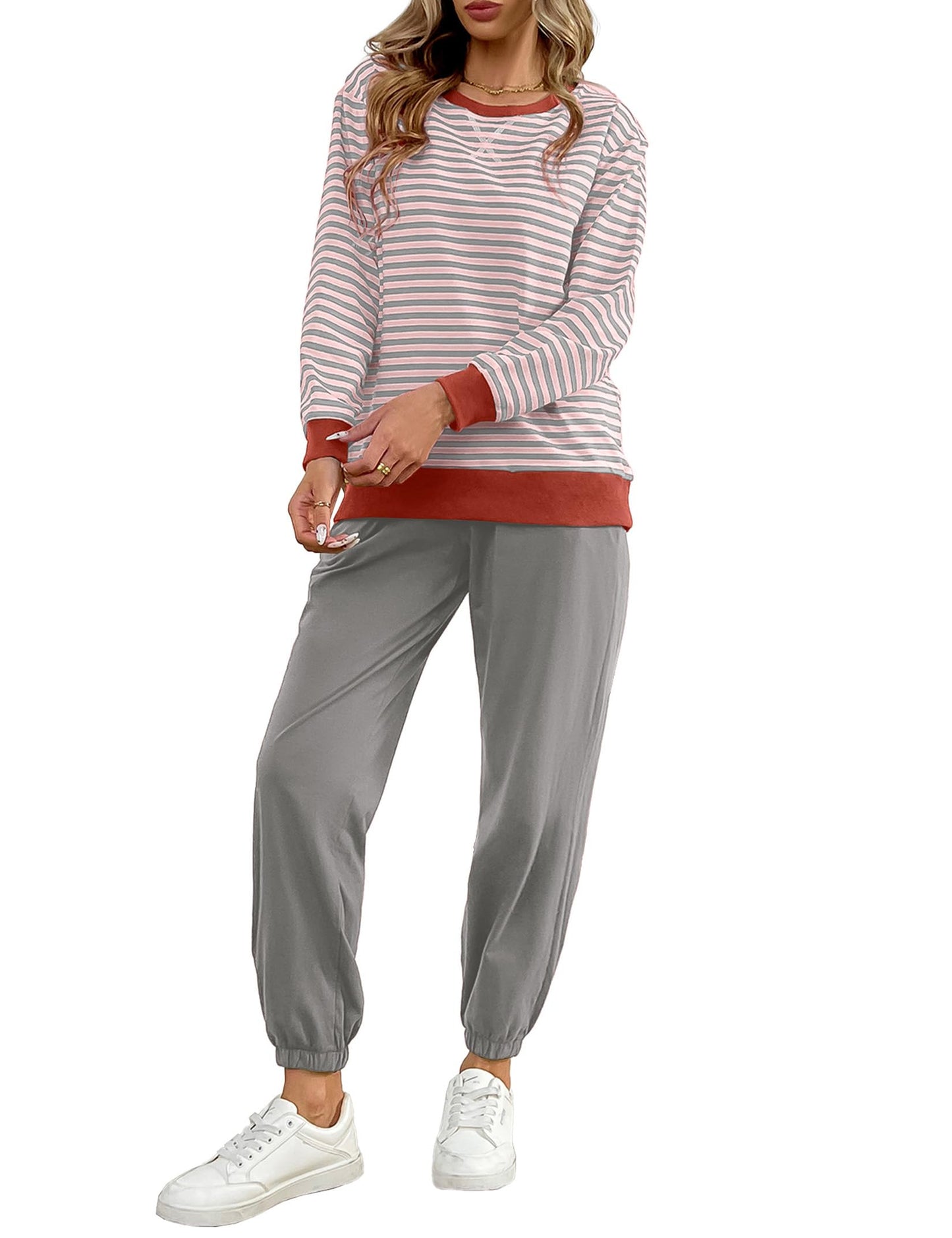 ✨Women's Cozy Striped Color Block Long Sleeve Tops Jogger Sweatpants 2 Piece Outfits