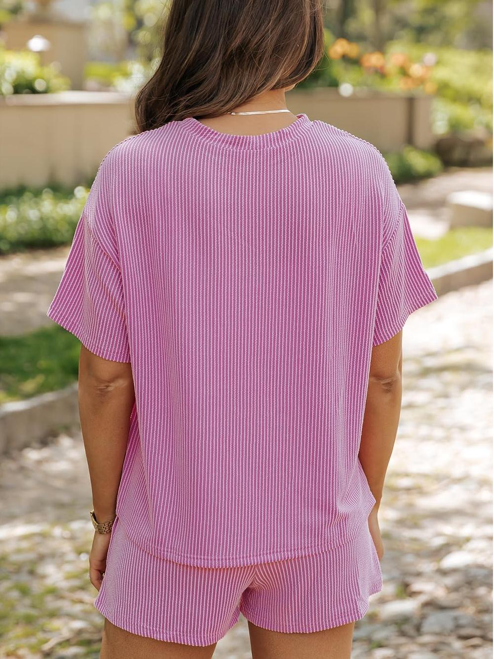 ✨Women's Ribbed Textured Knit Loose Lounge Shorts 2 Piece Set