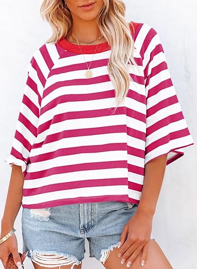 ✨Women's Cute Round Neck Striped Short Sleeve Casual Topb